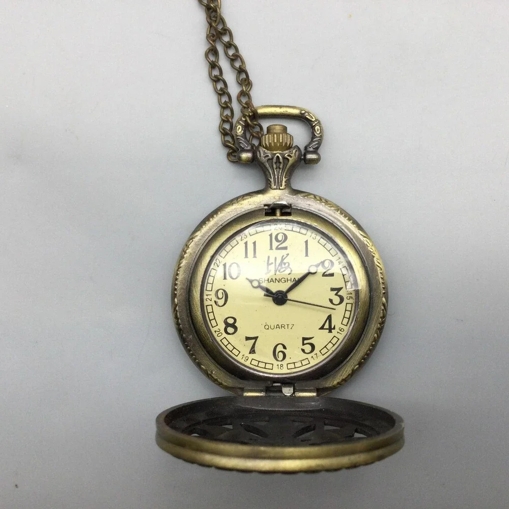 Shanghai Pocket Watch Womens 37mm Brass Steampunk Floral Cover Chain New Battery